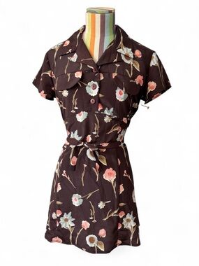 Vintage R-Wear Rampage Mini Dress Floral Brown Collared Babydoll